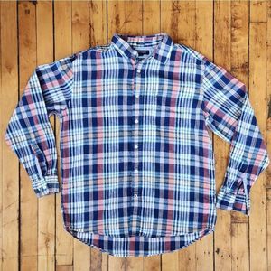 Tommy Hilfiger plaid button down classic fit shirt mens L cotton linen blend